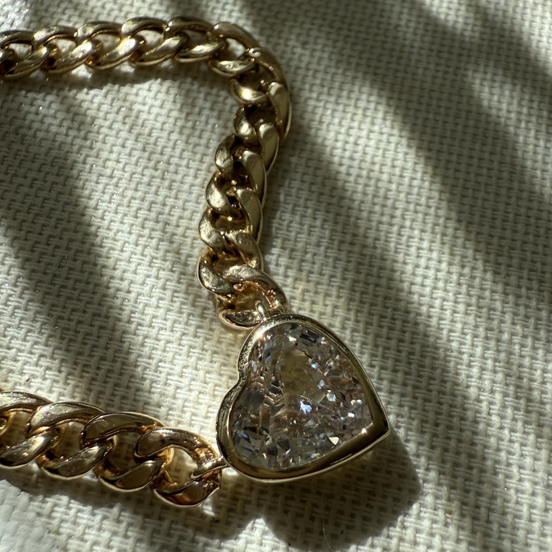 14k Yellow Gold White Sapphire Heart Curb Link Necklace