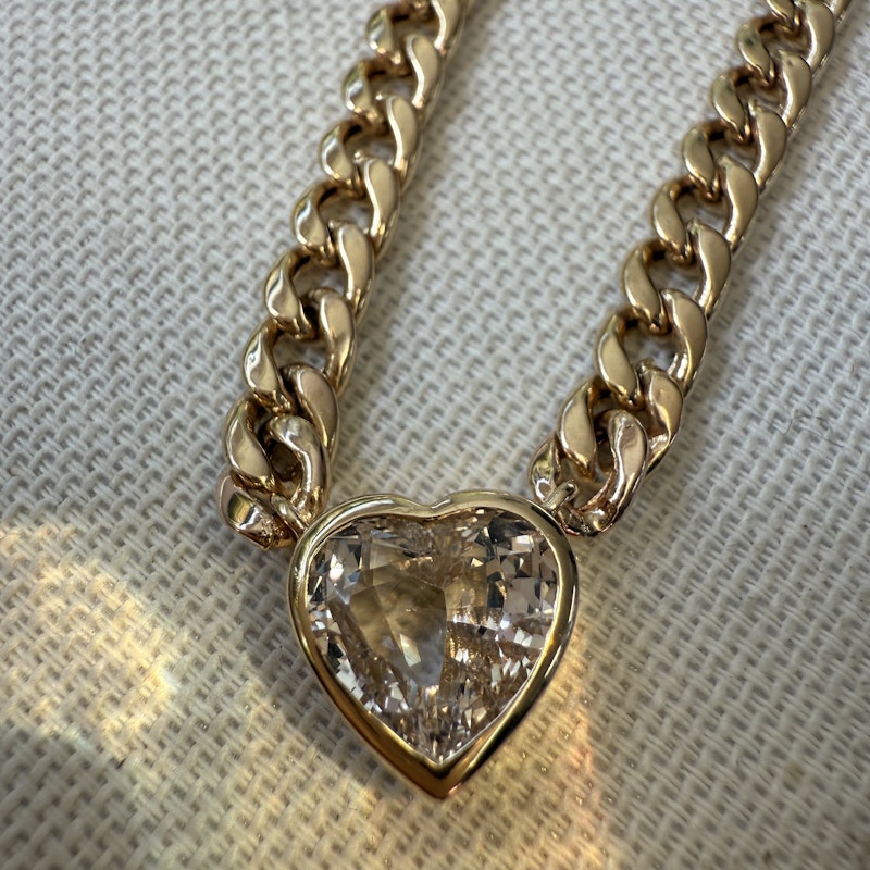 14k Yellow Gold White Sapphire Heart Curb Link Necklace