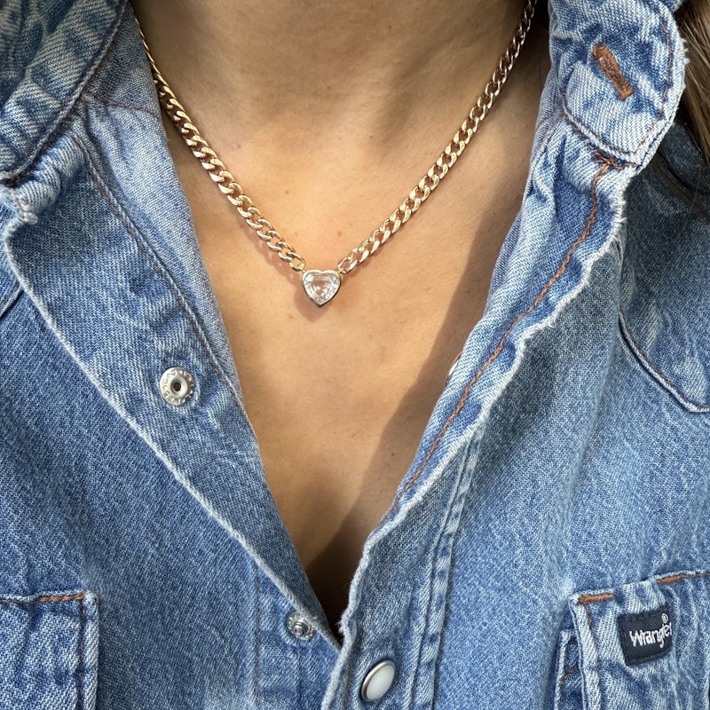 14k Yellow Gold White Sapphire Heart Curb Link Necklace