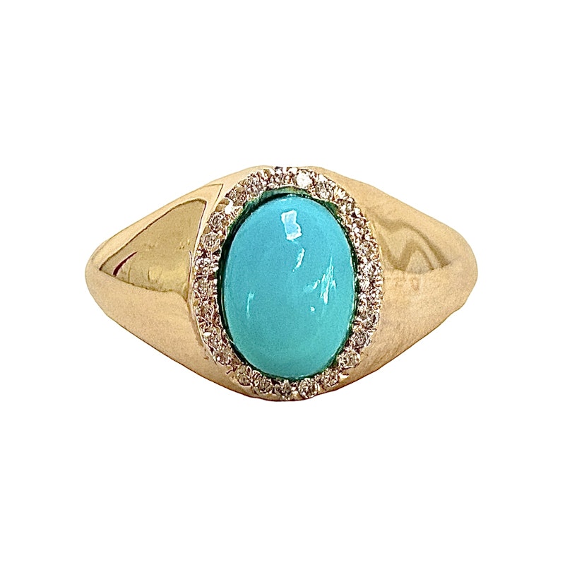 14k Yellow Gold Diamond and Oval Turquoise Cabochon Ring