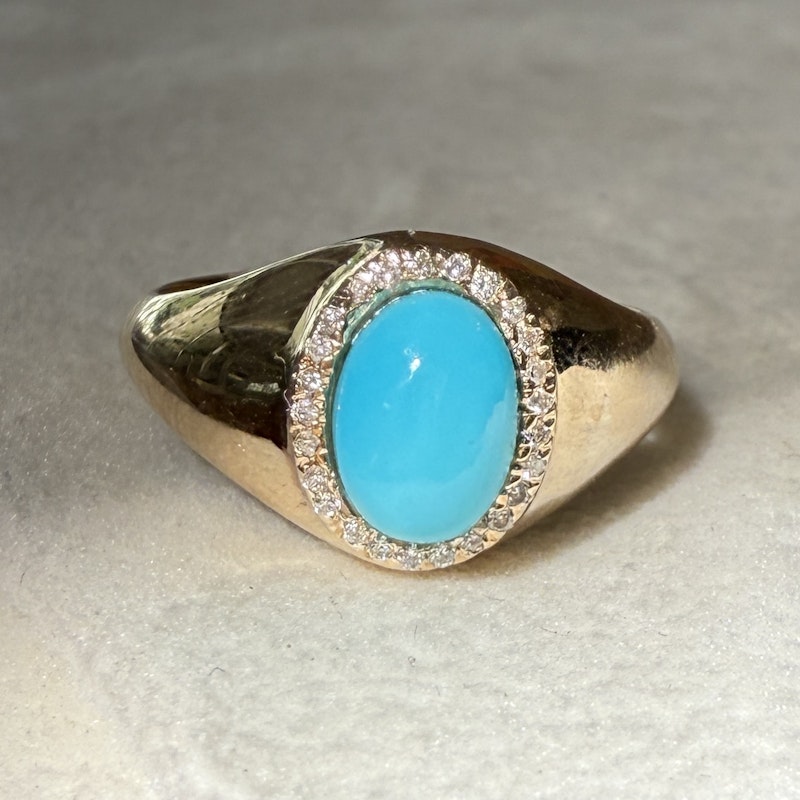 14k Yellow Gold Diamond and Oval Turquoise Cabochon Ring