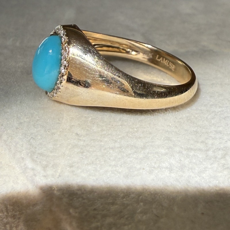 14k Yellow Gold Diamond and Oval Turquoise Cabochon Ring