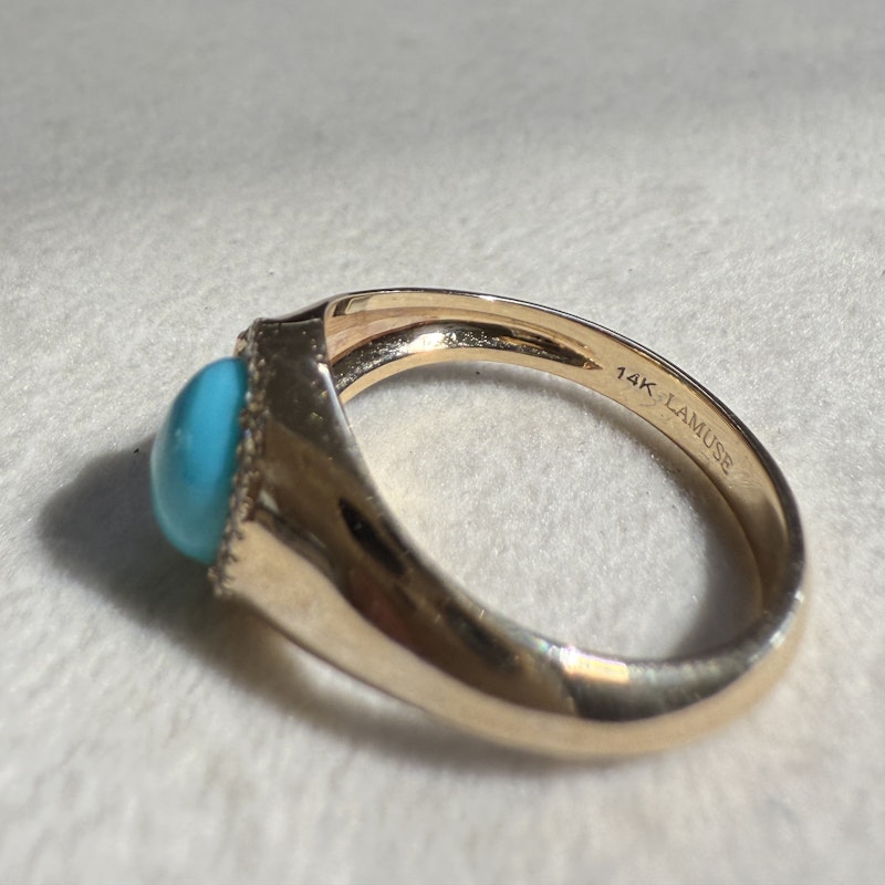 14k Yellow Gold Diamond and Oval Turquoise Cabochon Ring