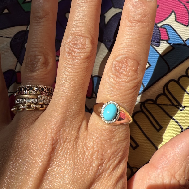14k Yellow Gold Diamond and Oval Turquoise Cabochon Ring