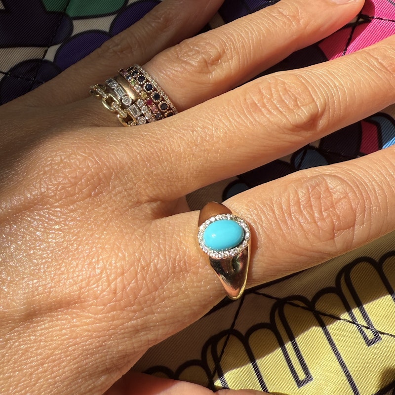 14k Yellow Gold Diamond and Oval Turquoise Cabochon Ring
