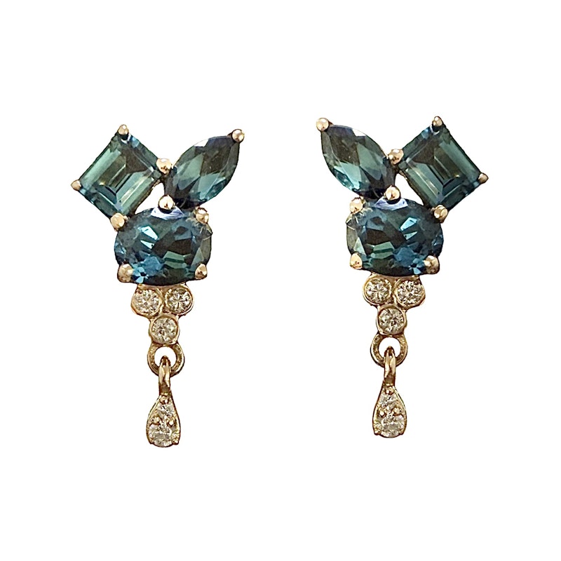 14k Yellow Gold Blue Tourmaline Cluster Diamond Dangle Earrings
