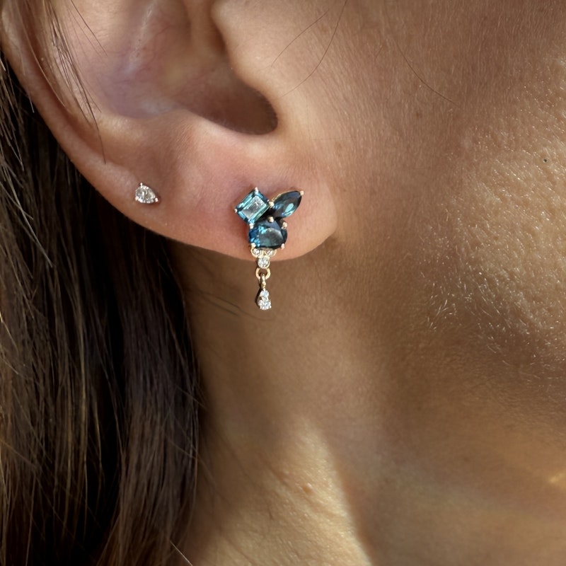 14k Yellow Gold Blue Tourmaline Cluster Diamond Dangle Earrings