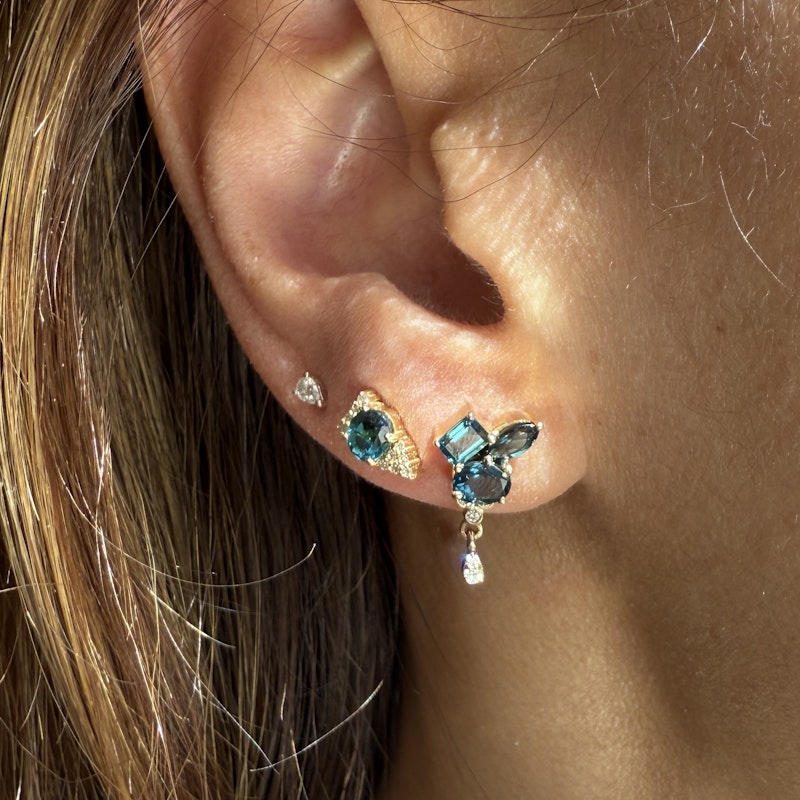14k Yellow Gold Blue Tourmaline Cluster Diamond Dangle Earrings