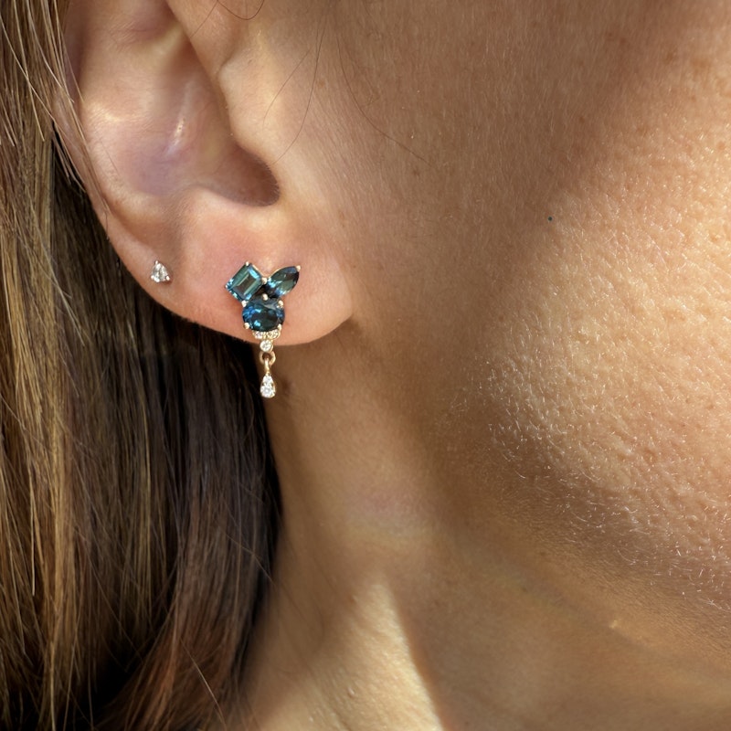 14k Yellow Gold Blue Tourmaline Cluster Diamond Dangle Earrings