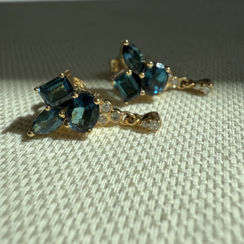 14k Yellow Gold Blue Tourmaline Cluster Diamond Dangle Earrings