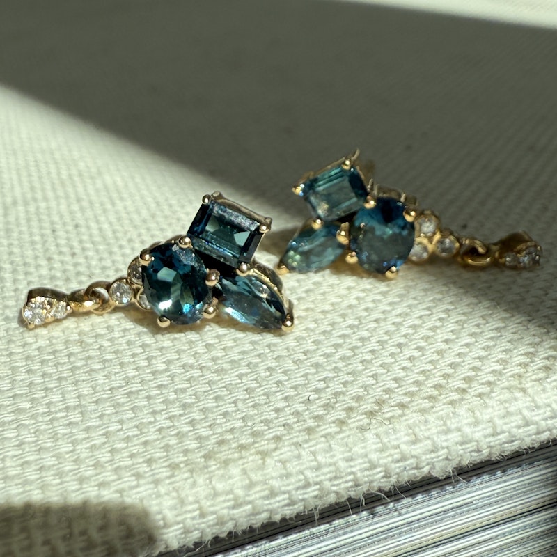 14k Yellow Gold Blue Tourmaline Cluster Diamond Dangle Earrings
