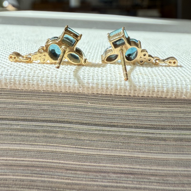 14k Yellow Gold Blue Tourmaline Cluster Diamond Dangle Earrings