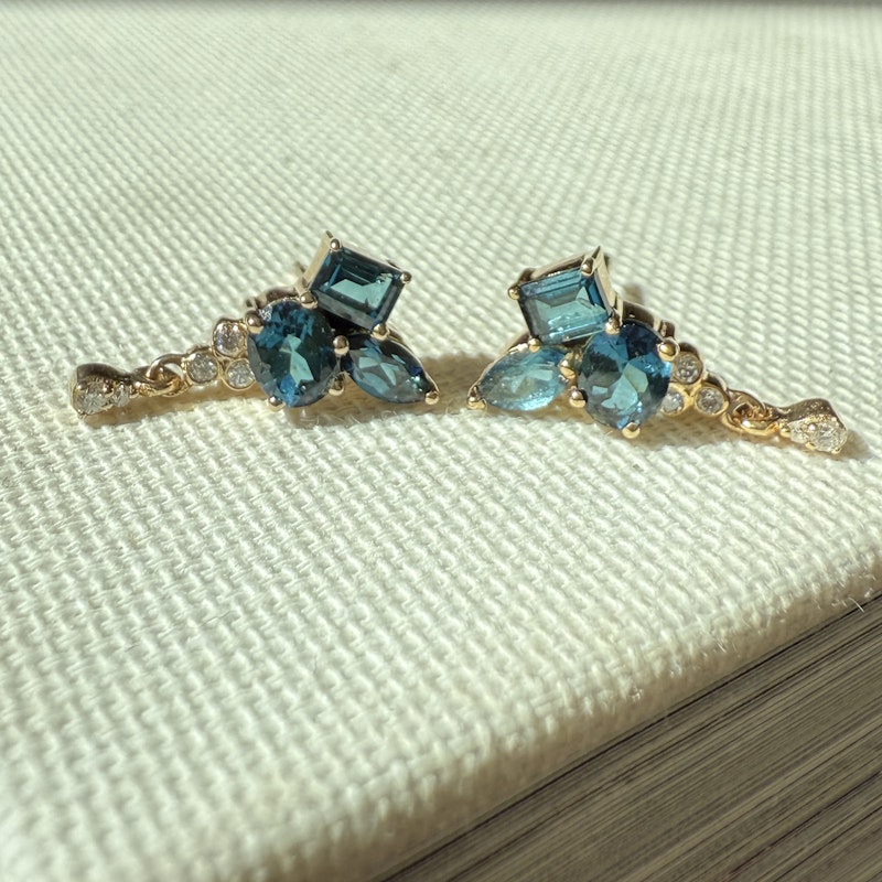 14k Yellow Gold Blue Tourmaline Cluster Diamond Dangle Earrings
