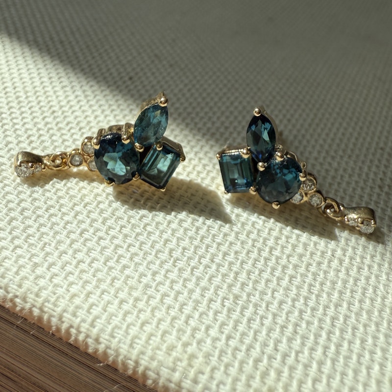 14k Yellow Gold Blue Tourmaline Cluster Diamond Dangle Earrings