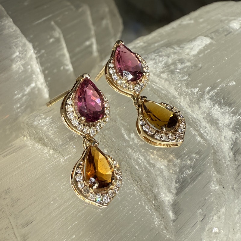 14k Yellow Gold Pear Cut Pink and Orange Tourmaline Dangle Earrings