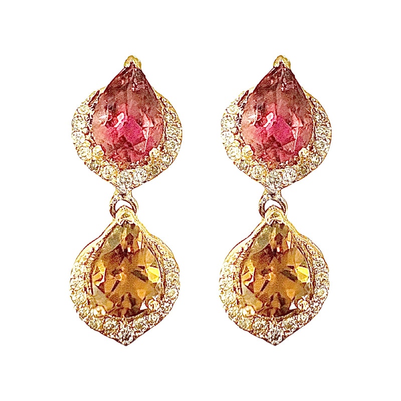 14k Yellow Gold Pear Cut Pink and Orange Tourmaline Dangle Earrings