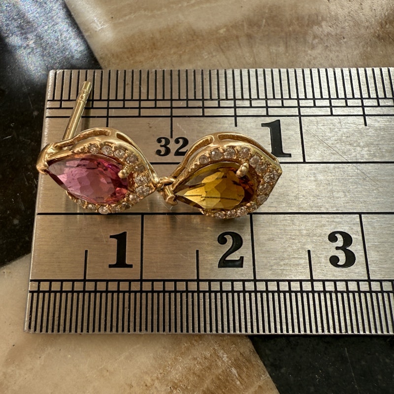 14k Yellow Gold Pear Cut Pink and Orange Tourmaline Dangle Earrings