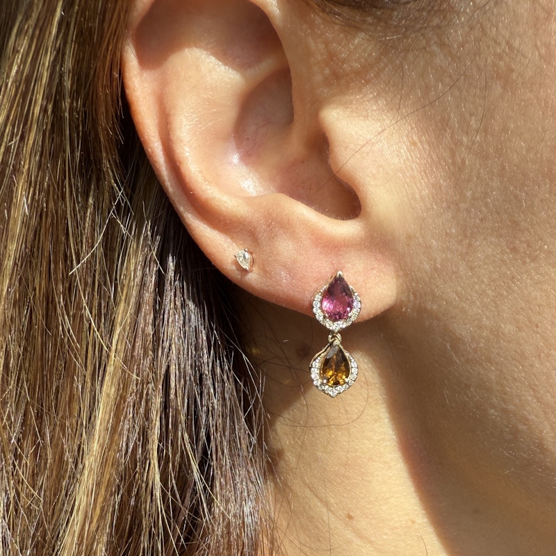14k Yellow Gold Pear Cut Pink and Orange Tourmaline Dangle Earrings