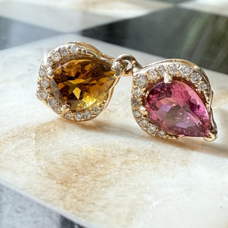 14k Yellow Gold Pear Cut Pink and Orange Tourmaline Dangle Earrings
