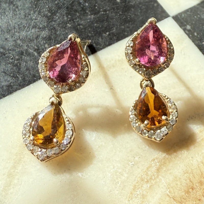 14k Yellow Gold Pear Cut Pink and Orange Tourmaline Dangle Earrings