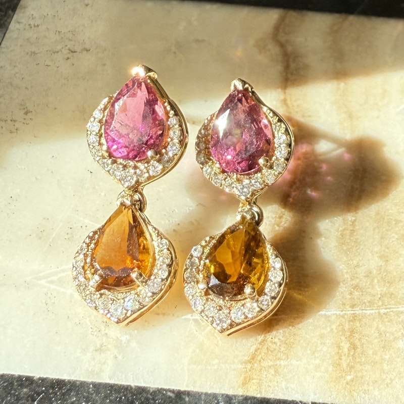 14k Yellow Gold Pear Cut Pink and Orange Tourmaline Dangle Earrings