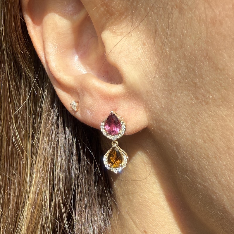 14k Yellow Gold Pear Cut Pink and Orange Tourmaline Dangle Earrings