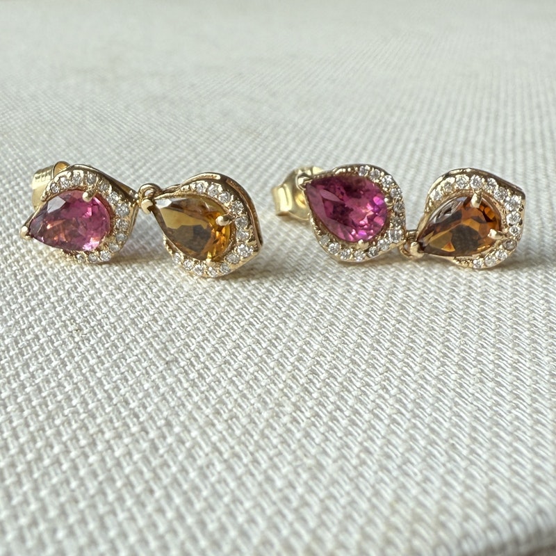 14k Yellow Gold Pear Cut Pink and Orange Tourmaline Dangle Earrings
