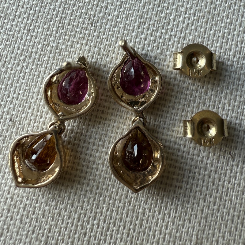 14k Yellow Gold Pear Cut Pink and Orange Tourmaline Dangle Earrings