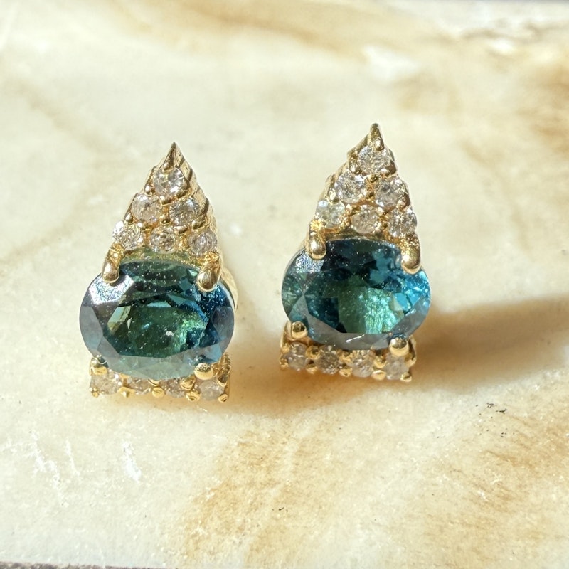 14k Yellow Gold Blue Tourmaline Diamond Studs