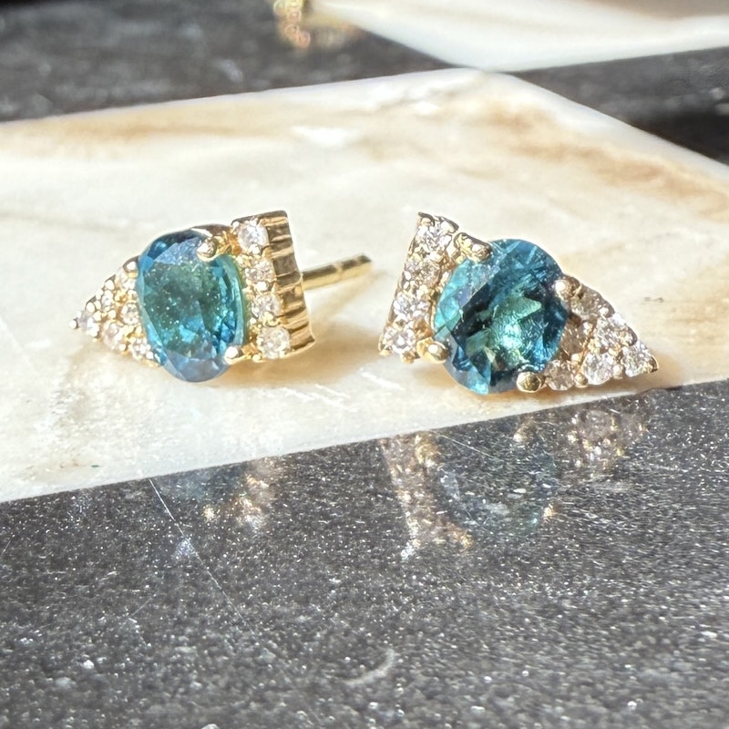 14k Yellow Gold Blue Tourmaline Diamond Studs