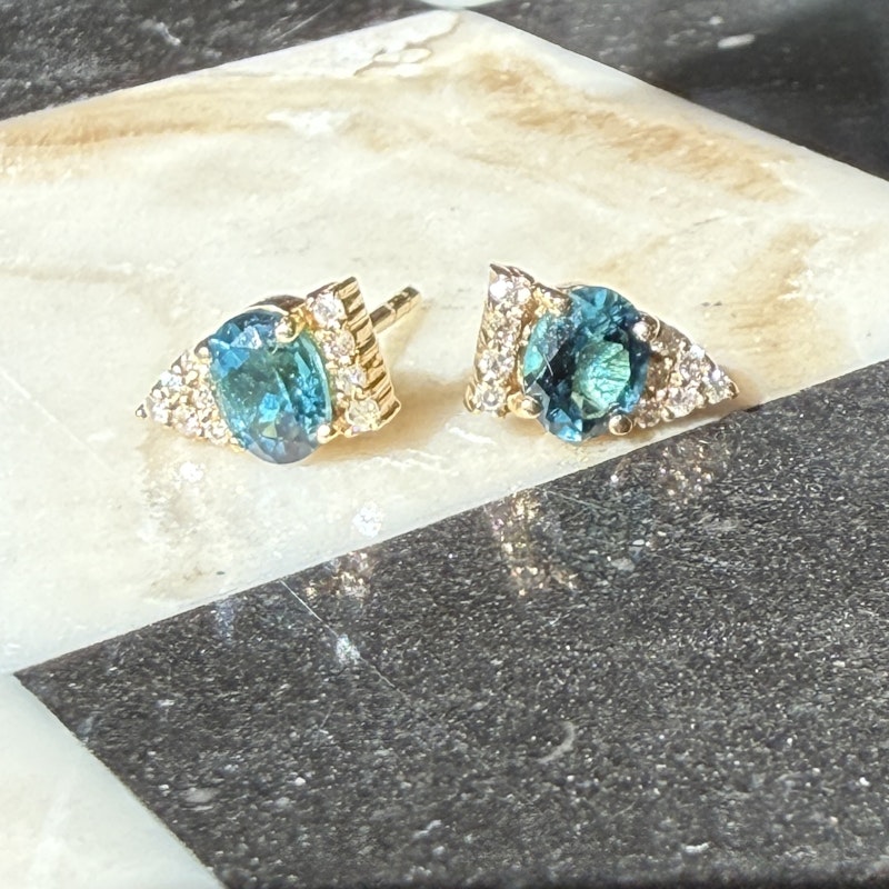14k Yellow Gold Blue Tourmaline Diamond Studs