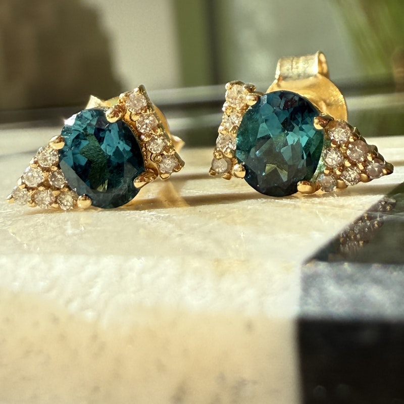 14k Yellow Gold Blue Tourmaline Diamond Studs