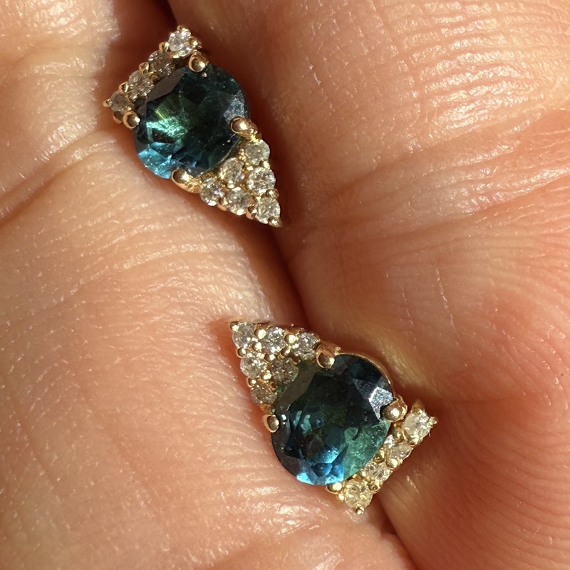 14k Yellow Gold Blue Tourmaline Diamond Studs