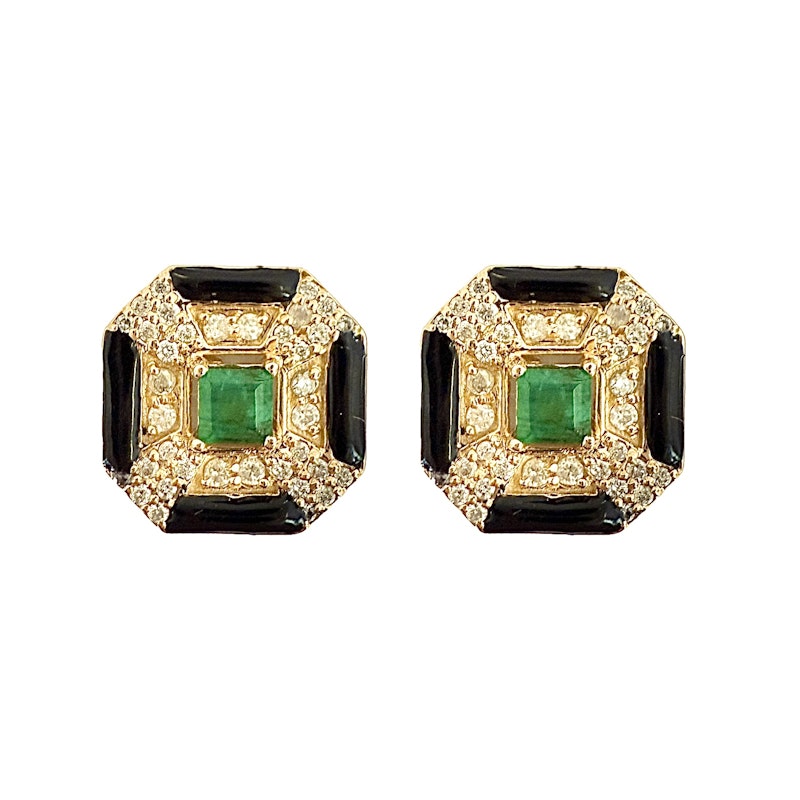 14k Yellow Gold Emerald Onyx Diamond Stud Earrings