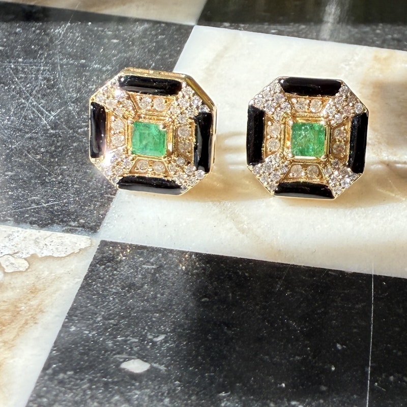 14k Yellow Gold Emerald Onyx Diamond Stud Earrings