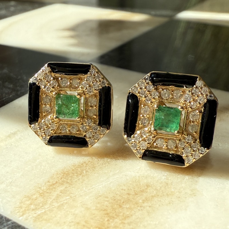 14k Yellow Gold Emerald Onyx Diamond Stud Earrings