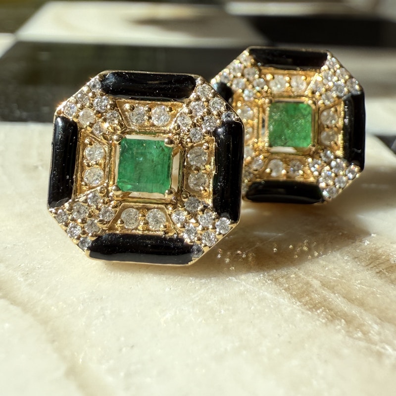 14k Yellow Gold Emerald Onyx Diamond Stud Earrings