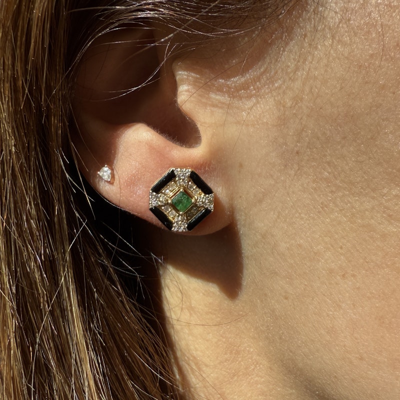 14k Yellow Gold Emerald Onyx Diamond Stud Earrings