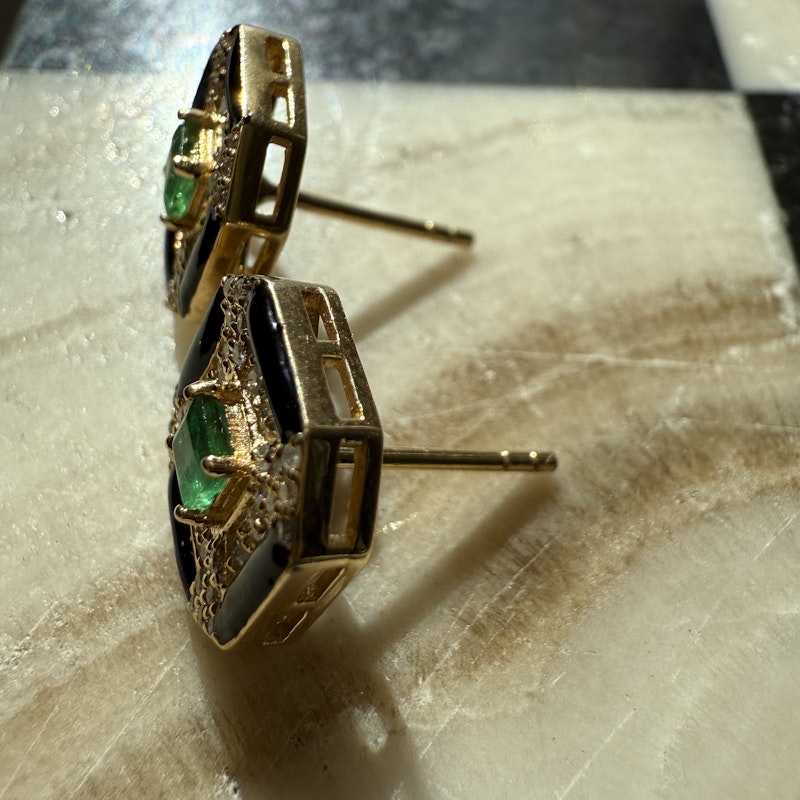 14k Yellow Gold Emerald Onyx Diamond Stud Earrings