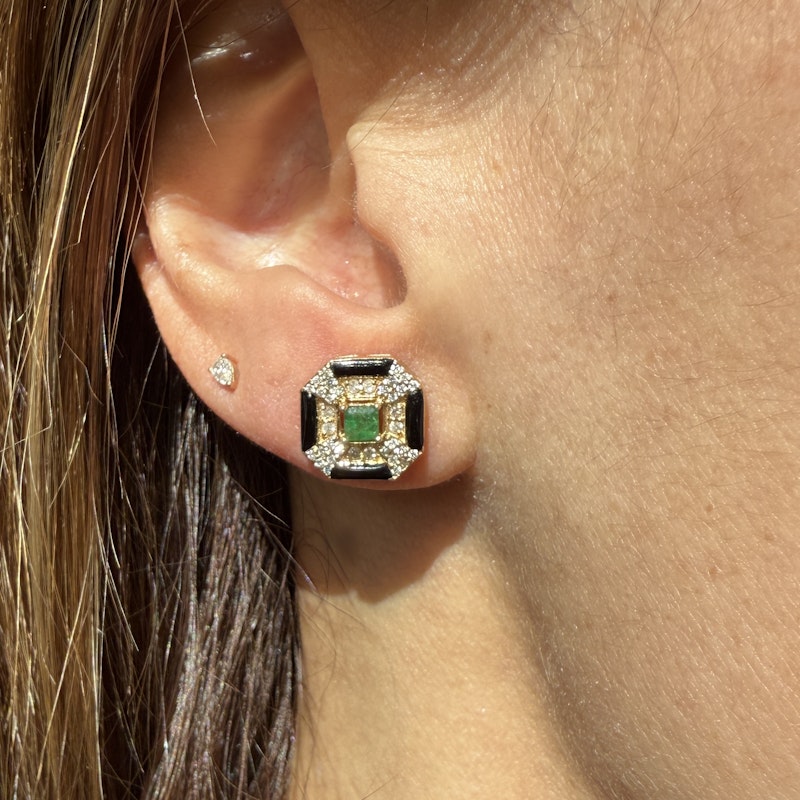 14k Yellow Gold Emerald Onyx Diamond Stud Earrings