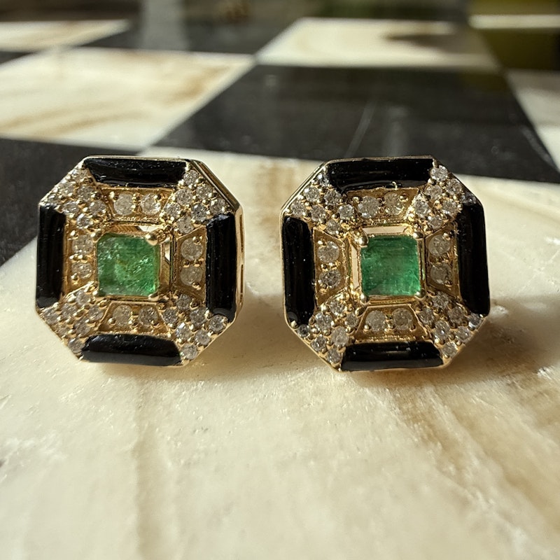 14k Yellow Gold Emerald Onyx Diamond Stud Earrings
