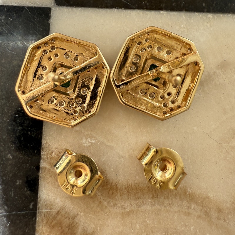 14k Yellow Gold Emerald Onyx Diamond Stud Earrings