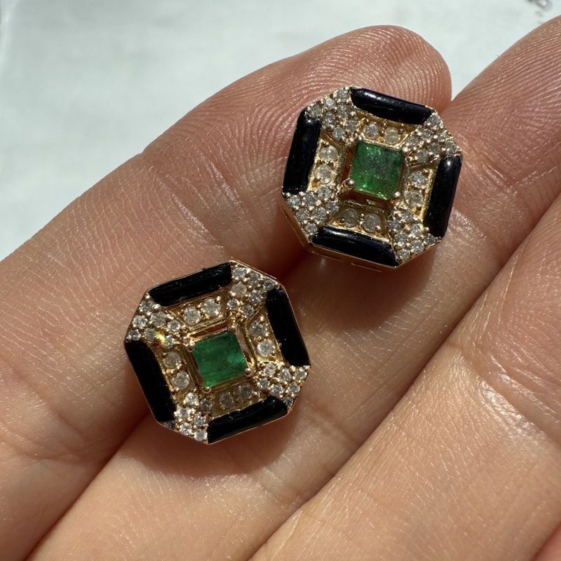 14k Yellow Gold Emerald Onyx Diamond Stud Earrings
