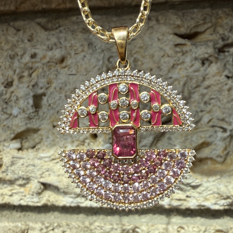 14k Yellow Gold Ombre Pink Sapphire Ruby Diamond Pendant