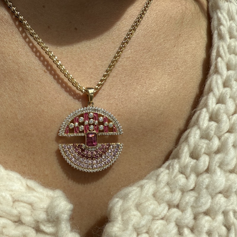 14k Yellow Gold Ombre Pink Sapphire Ruby Diamond Pendant