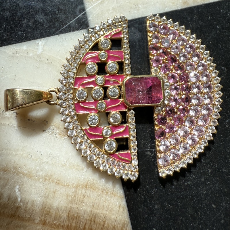 14k Yellow Gold Ombre Pink Sapphire Ruby Diamond Pendant
