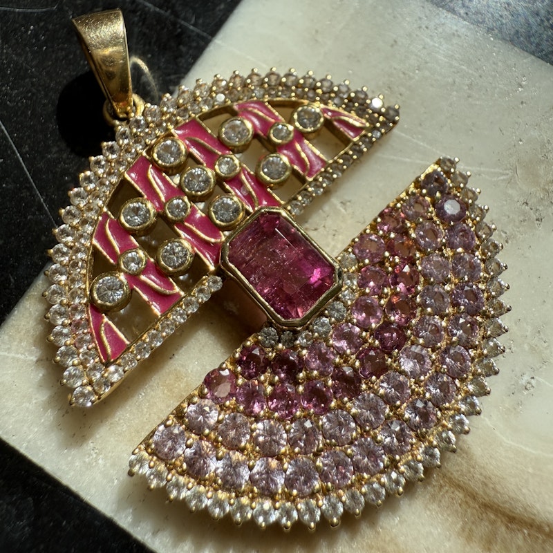 14k Yellow Gold Ombre Pink Sapphire Ruby Diamond Pendant