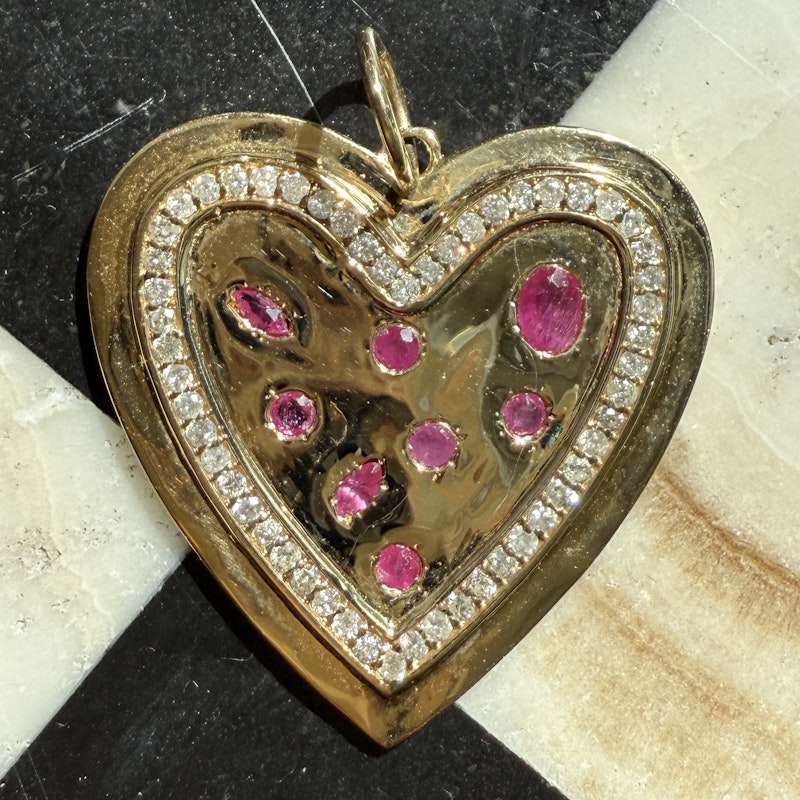 14k Yellow Gold Ruby and Diamond Heartburst Pendant
