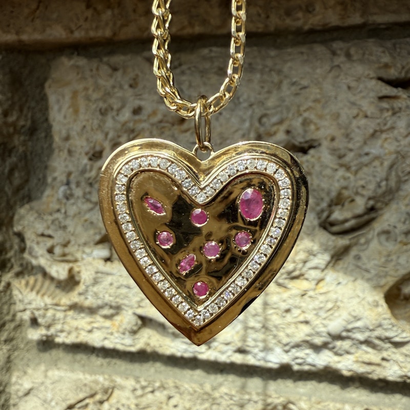14k Yellow Gold Ruby and Diamond Heartburst Pendant
