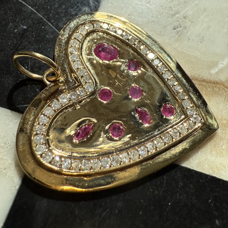 14k Yellow Gold Ruby and Diamond Heartburst Pendant